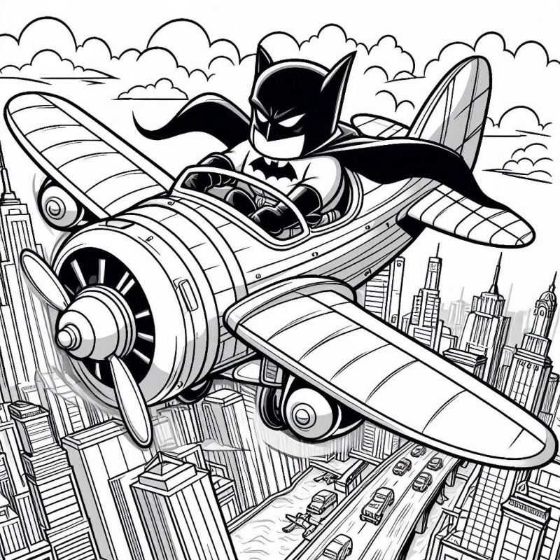 Desenho de Batman pilotando um avião em uma cidade urbana para colorir