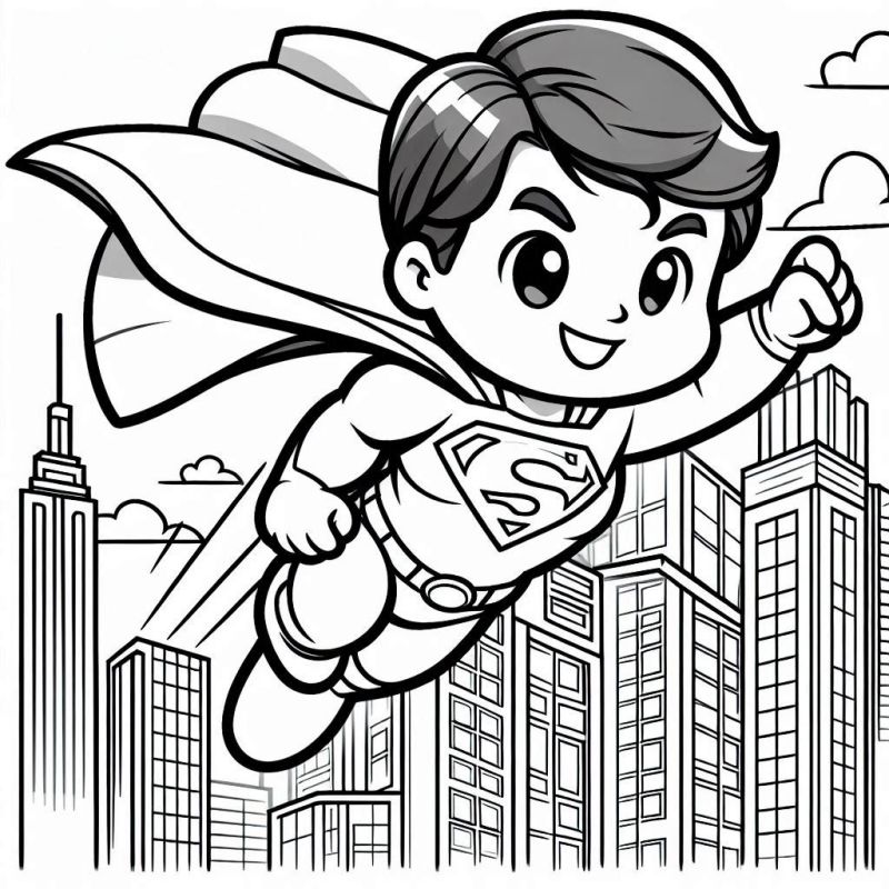 Desenho do Super Homem em estilo chibi para colorir, com um grande sorriso, olhos expressivos, e voando sobre uma cidade.