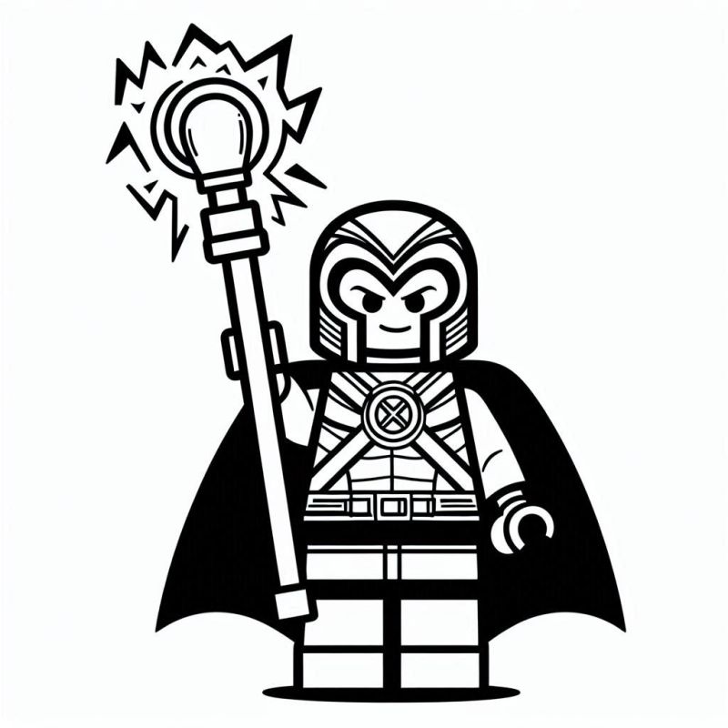 Desenho de Magneto estilo LEGO segurando um cetro com capa esvoaçante para colorir