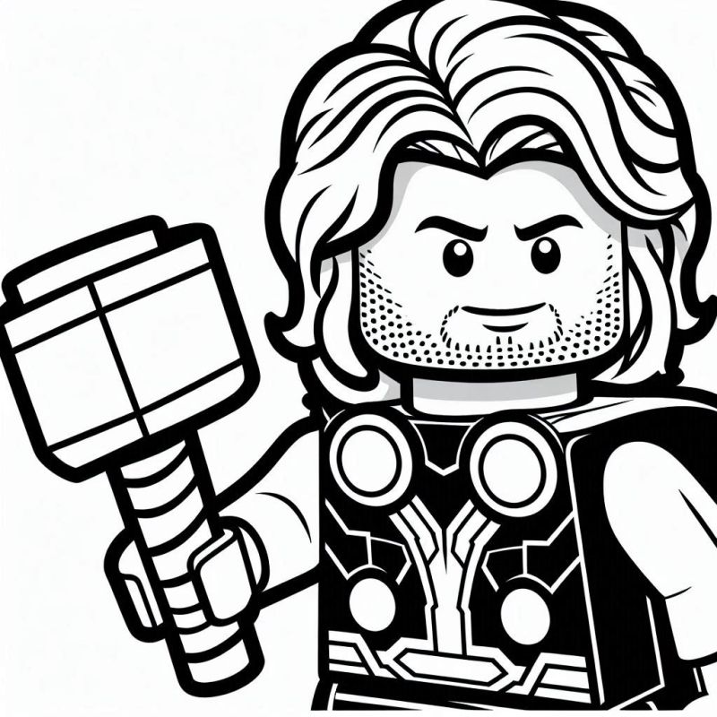 Desenho do super-herói Thor em estilo LEGO segurando um martelo