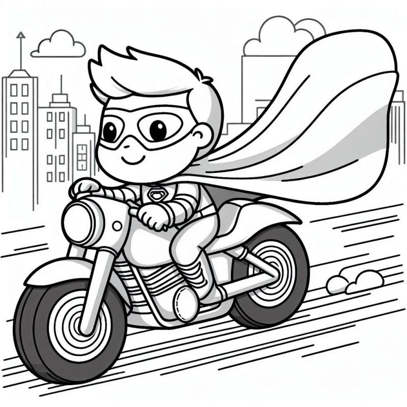 Desenho de Super-Herói Criança Pilotando Moto Esportiva para Colorir