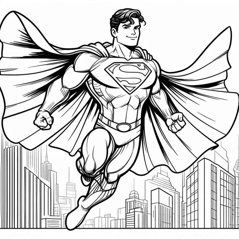 Desenho do Superman voando para colorir com cenário de cidade