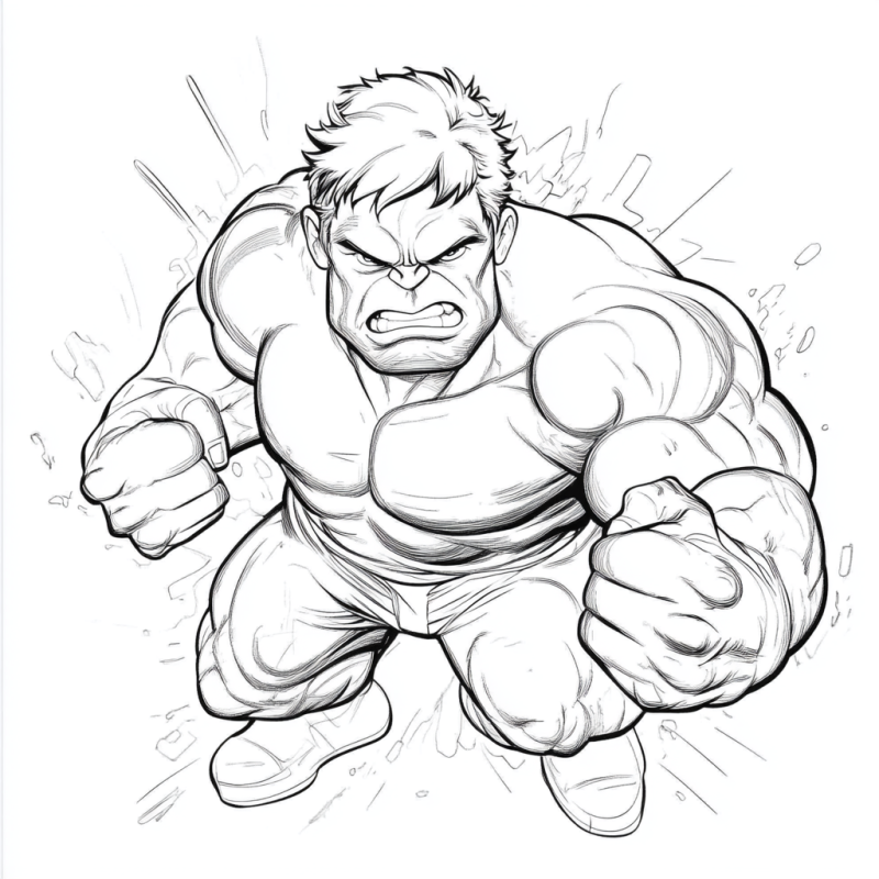 Desenho do Incrível Hulk musculoso em ação, pronto para colorir.