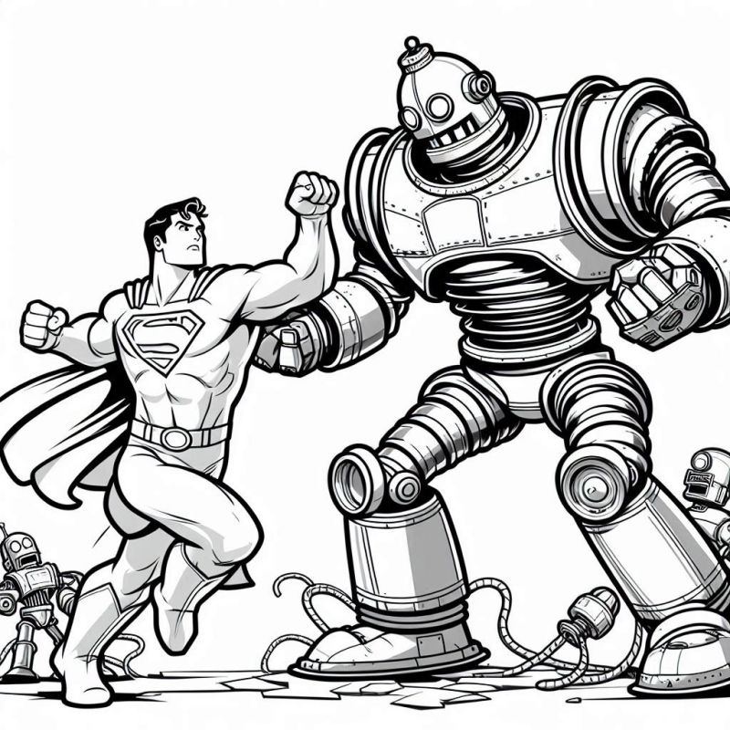 Desenho para colorir do Super Homem enfrentando um robô gigante com muita ação