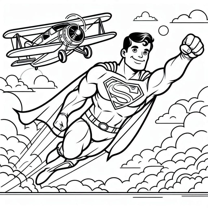 Desenho do Super-Homem voando com capa esvoaçante e avião estilizado ao fundo, para colorir.