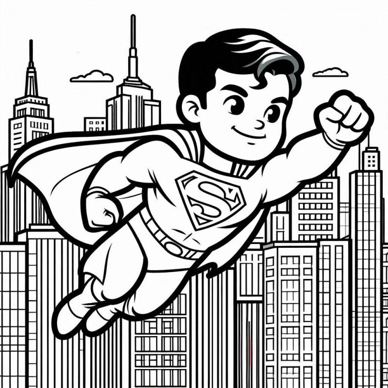 Superman para colorir voa sobre cidade infantil