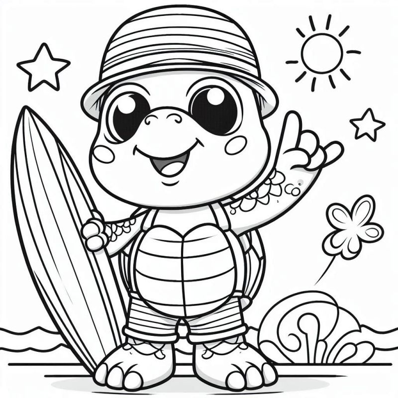 Desenho da Tartaruga Surfista Alegre para Colorir