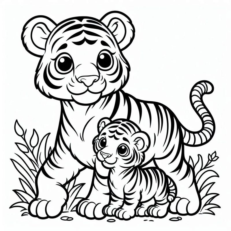 Desenho de Tigre Adulto e Filhote para Colorir