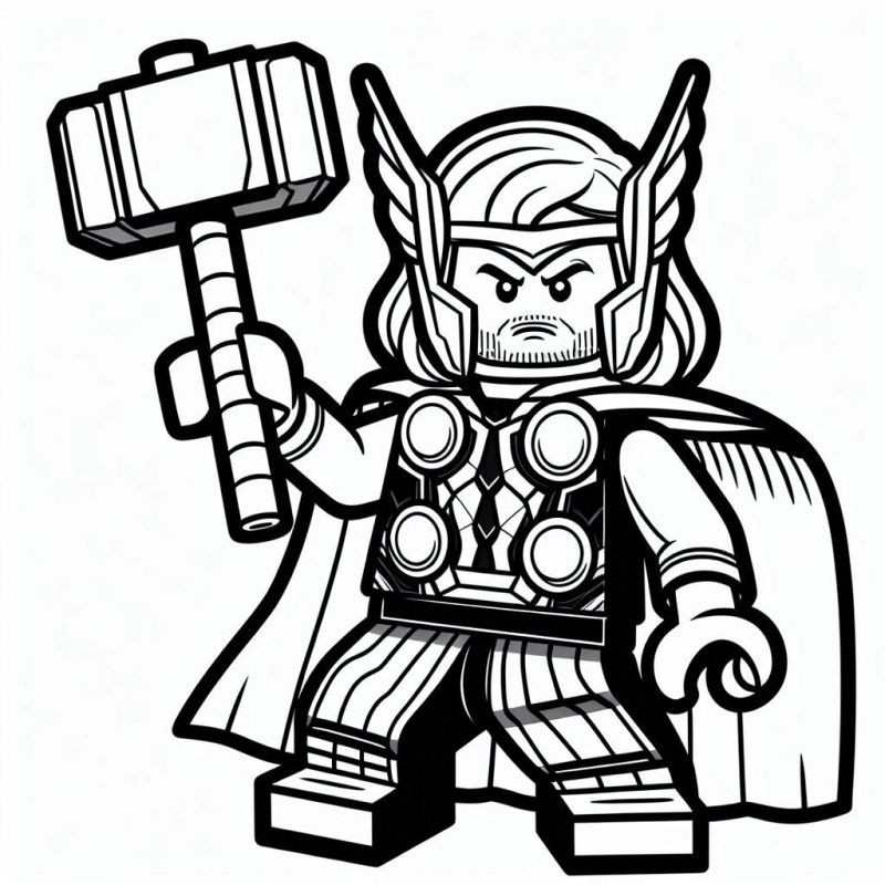 Desenho do Thor em estilo LEGO segurando o martelo, pronto para colorir