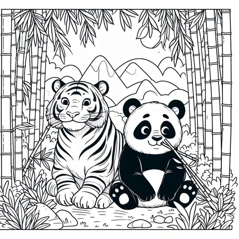 Desenho de tigre e panda sentados na floresta de bambu para colorir