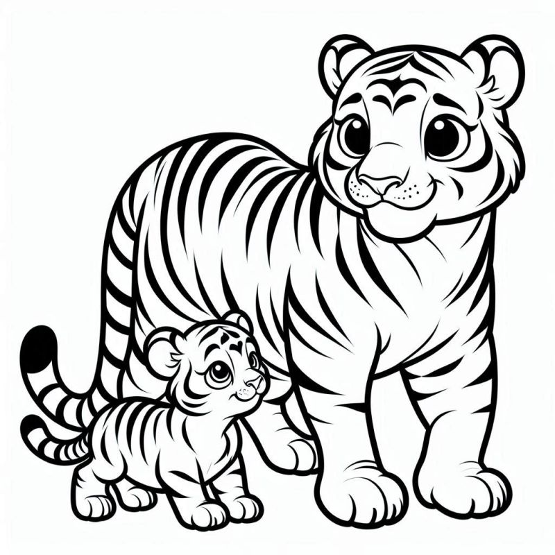 Desenho de Tigres Adulto e Filhote para Colorir