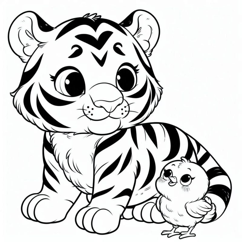 Desenho fofo de um filhote de tigre e um pintinho para colorir