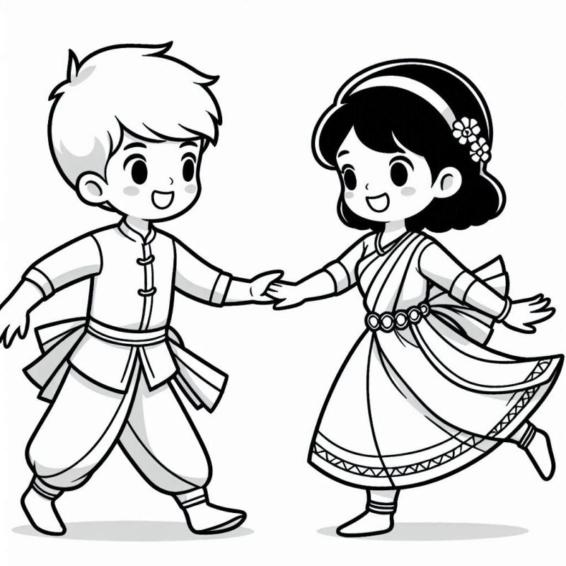 Desenho de menino e menina dançando com trajes tradicionais para colorir