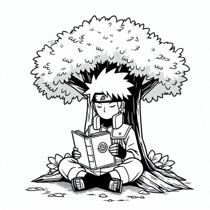 Personagem de Naruto sentado debaixo de uma árvore lendo um livro para colorir