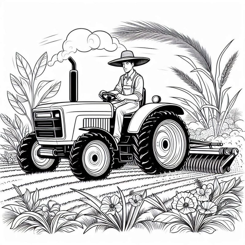 Desenho de um trator robusto operado por um homem em um campo agrícola para colorir