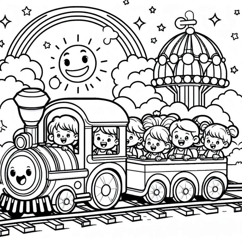 Desenho de Trem Alegre com Crianças para Colorir