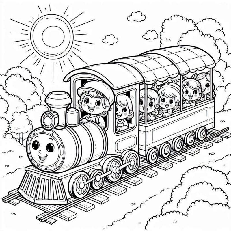 Desenho para colorir de trem infantil com locomotiva a vapor e crianças felizes