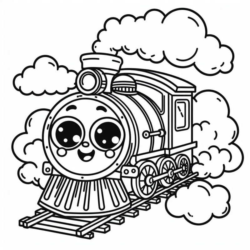 Desenho de trem fofo e caricato para colorir, com grandes olhos e locomotiva clássica