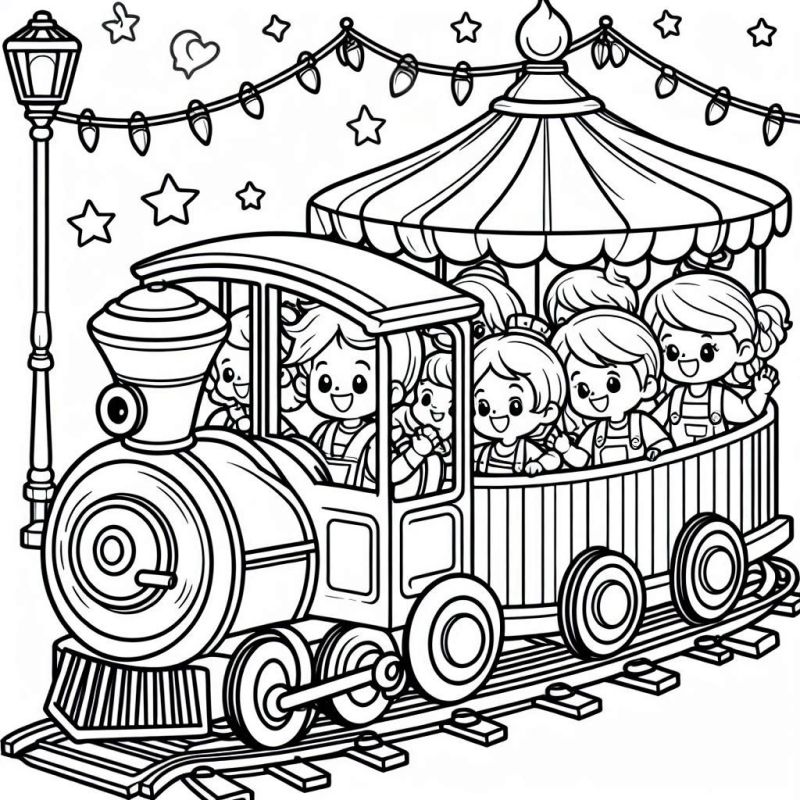 Desenho de um trem em uma festa com crianças para colorir