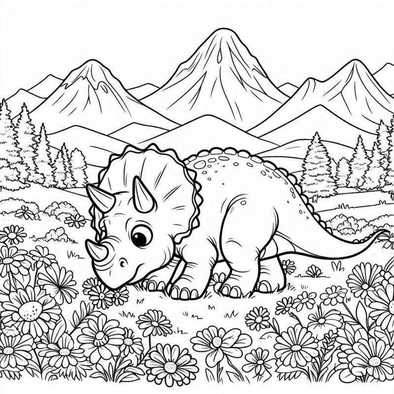 Desenho de Triceratops em um Campo de Flores para Colorir