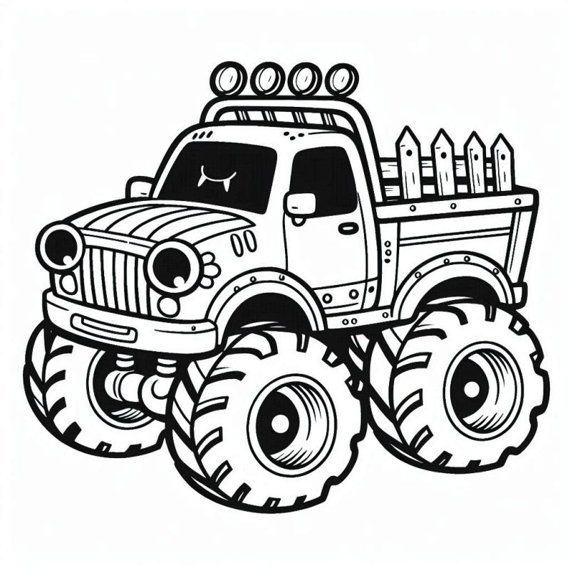 Desenho em preto e branco de um monster truck robusto para colorir