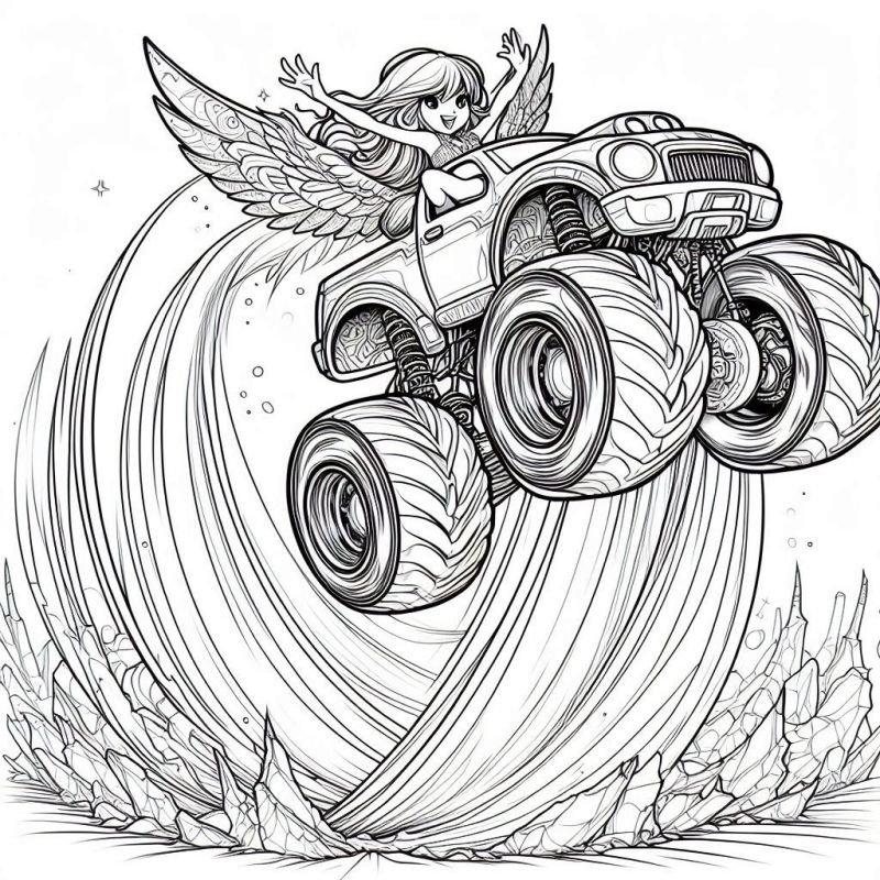 Salto de Monster Truck com Menina com Asas para Colorir