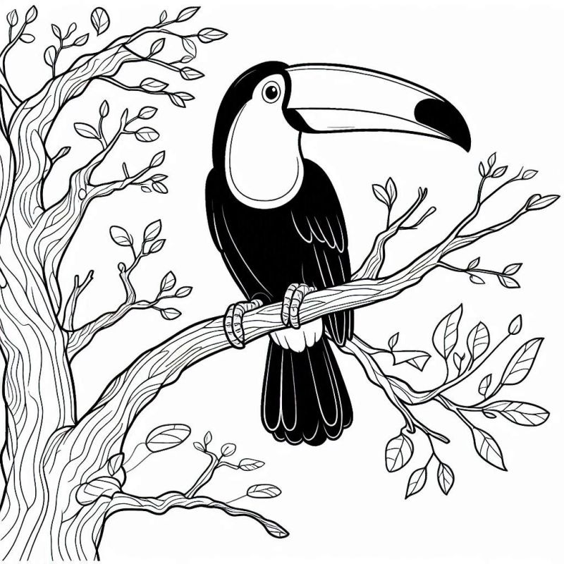 Desenho para colorir de um tucano pousado em um galho de árvore