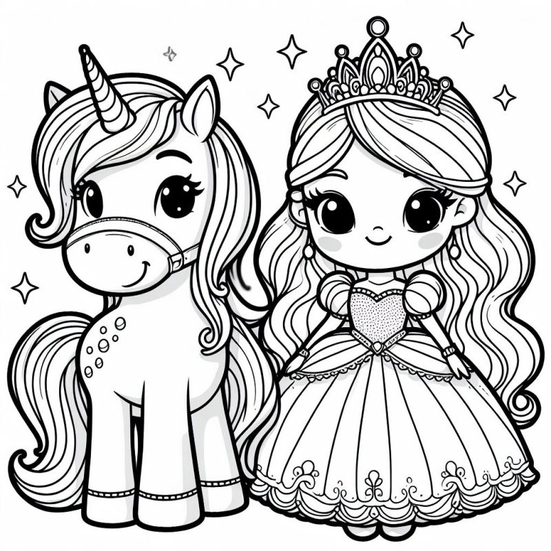 Desenho Mágico de Unicórnio e Princesa para Colorir