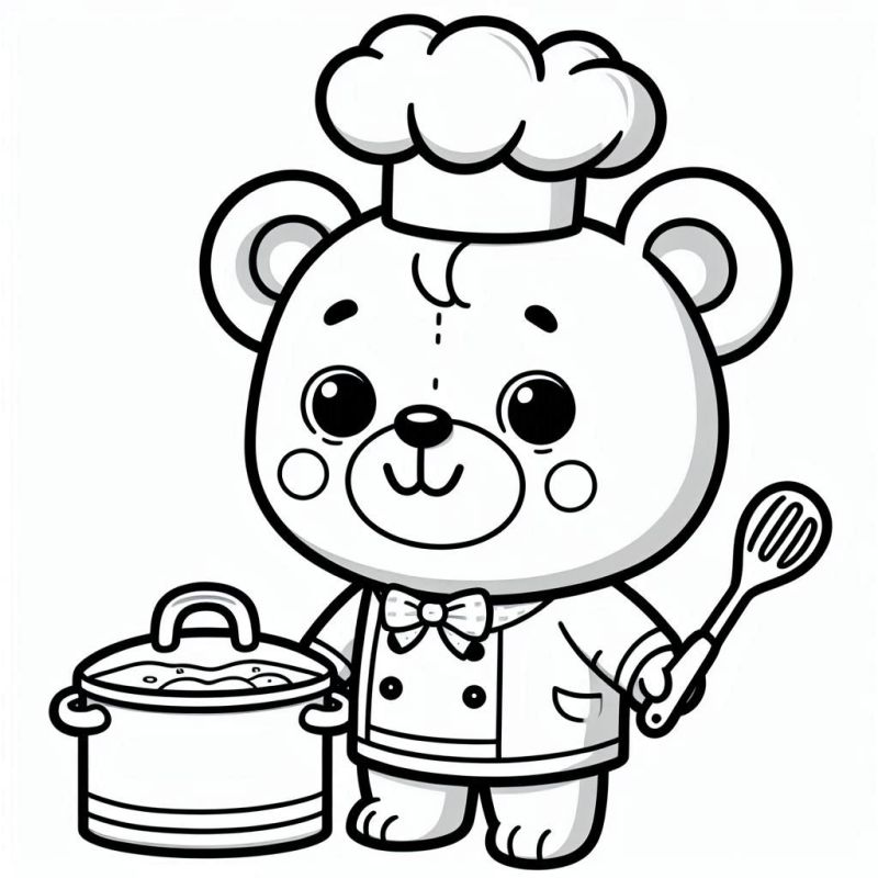 Desenho de um urso chef para colorir com chapéu e espátula