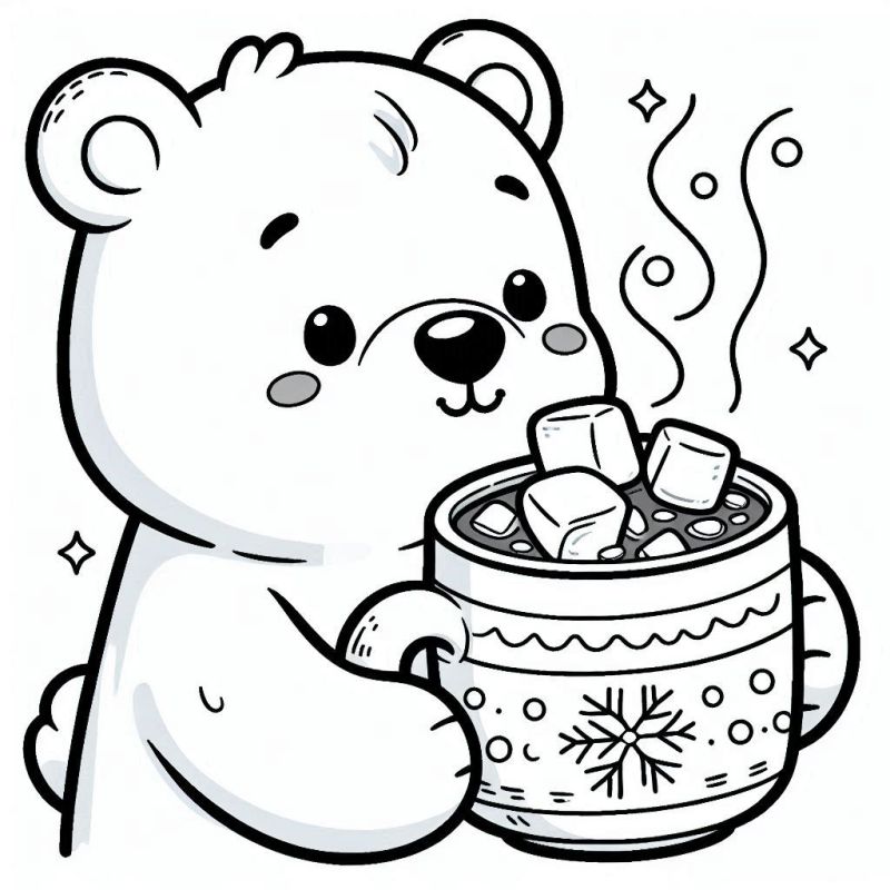 Desenho de um urso kawaii fofo segurando uma caneca quente para colorir