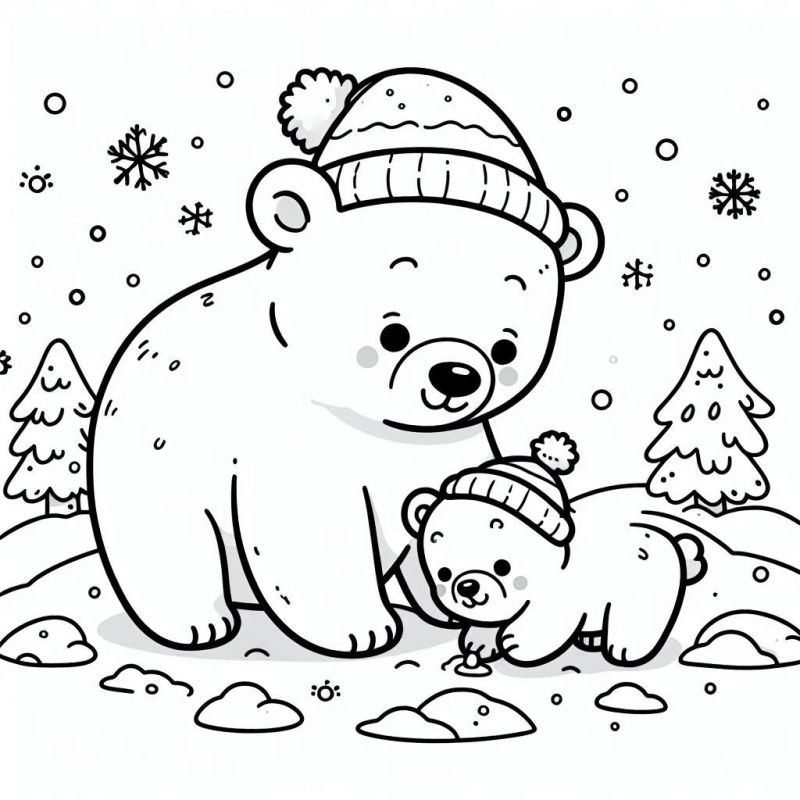 Desenho de um urso polar adulto e um filhote com gorros no cenário ártico