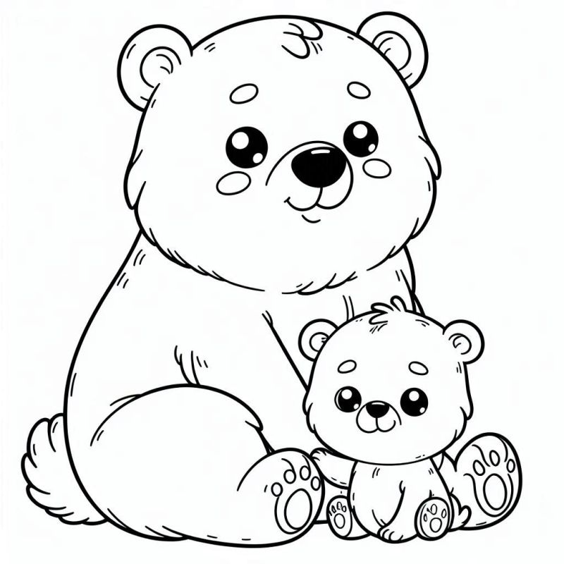 desenho de urso adulto e filhote em preto e branco para colorir