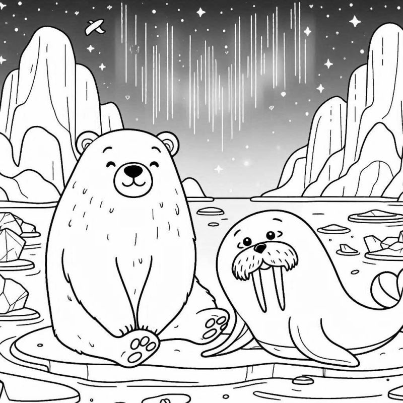 Desenho para colorir de urso polar amigável e morsa curiosa no Ártico