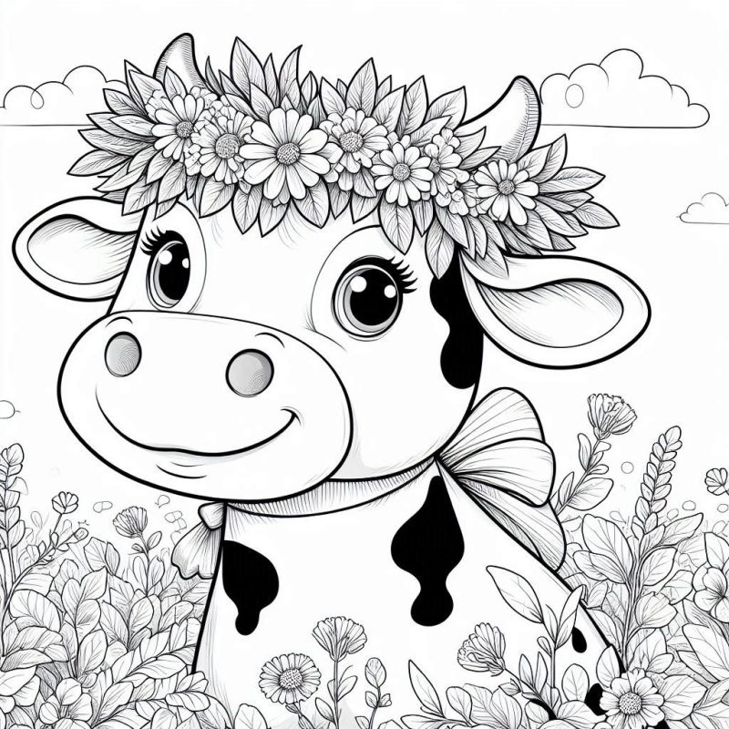 Desenho de Vaca com Coroa de Flores para Colorir