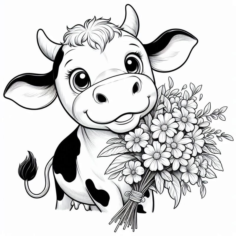 Desenho de Vaca Fofa com Buquê de Flores para Colorir