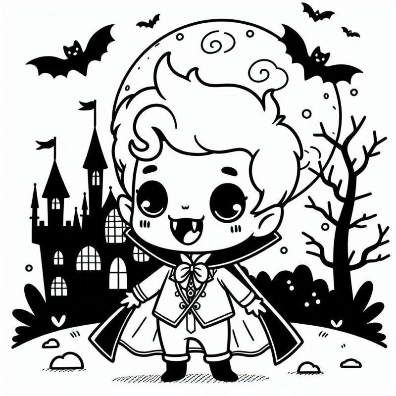 Desenho de vampiro cartunesco adorável para colorir, perfeito para Halloween.