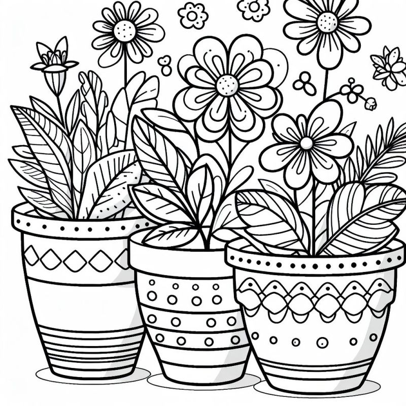 Desenho de três grandes vasos decorados com flores e folhagens para colorir