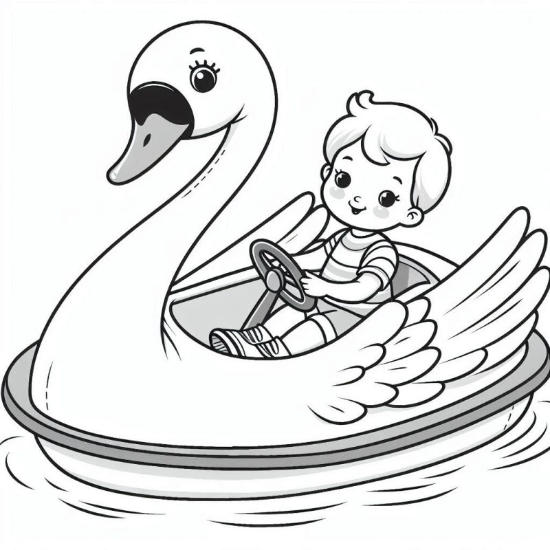 Veículo aquático em formato de cisne com criança feliz para colorir