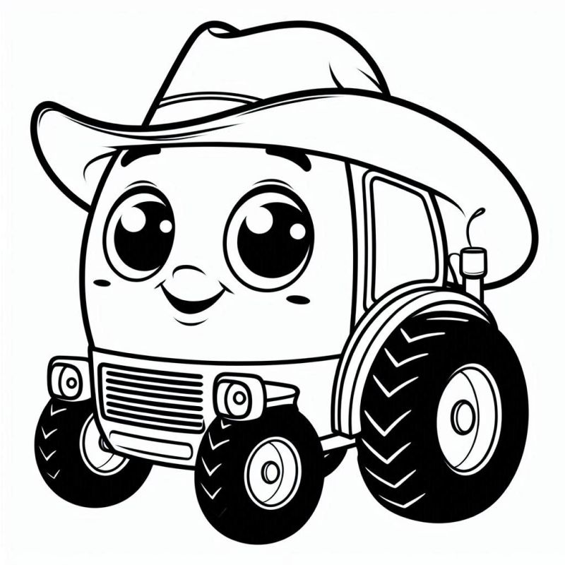 Desenho de Trator Fofo com Chapéu de Cowboy para Colorir