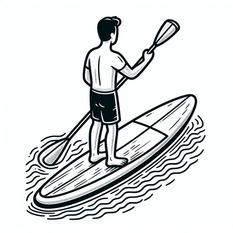 Desenho para colorir de uma pessoa praticando stand-up paddle