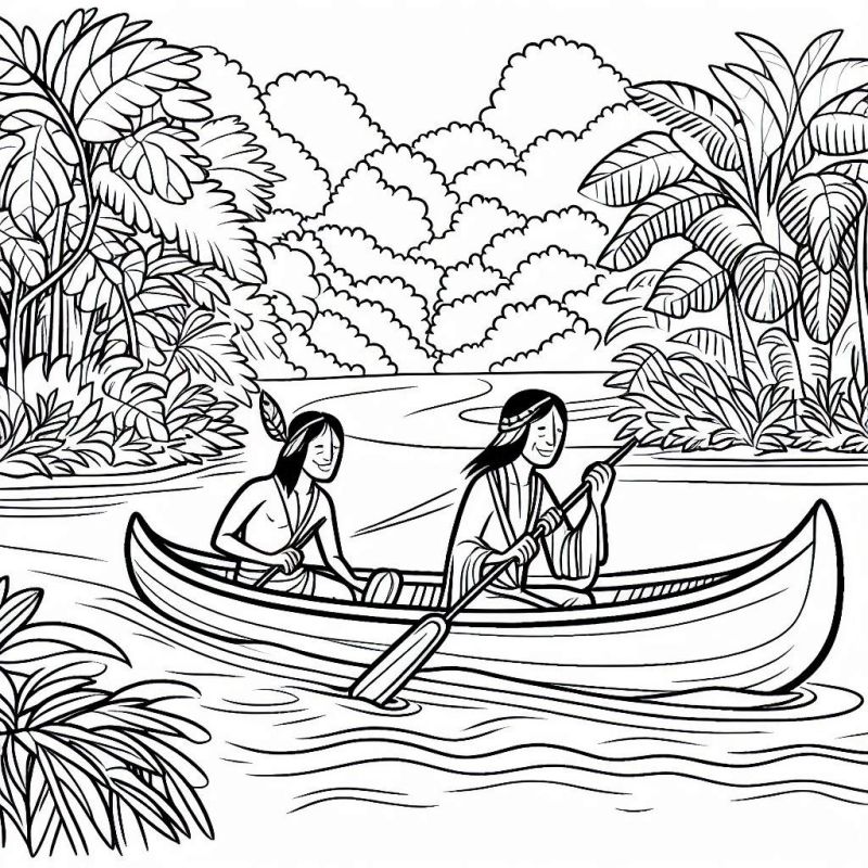 Desenho de Personagens Indígenas Navegando de Canoa para Colorir