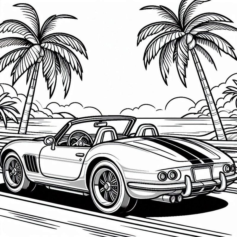 Desenho de Carro Clássico Conversível na Praia para Colorir