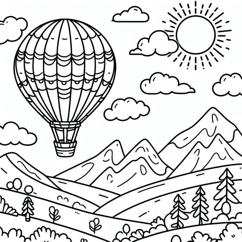 Desenho de uma paisagem serena com um balão de ar quente para colorir