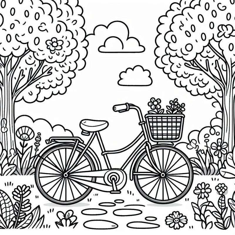 Desenho para colorir de uma bicicleta clássica com cesto de flores em um cenário bucólico