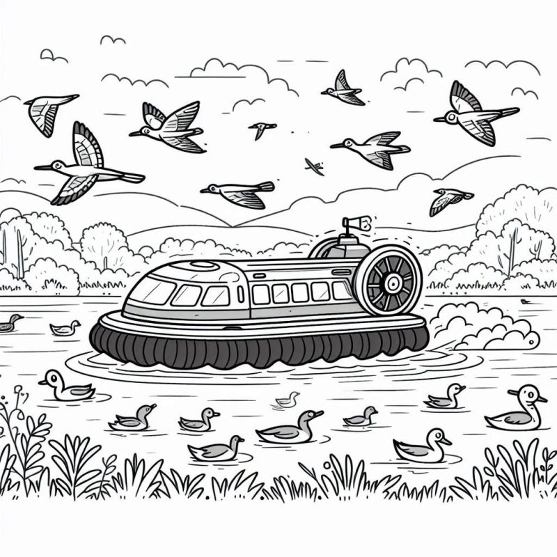 Desenho de Hovercraft com Patos e Pássaros para Colorir