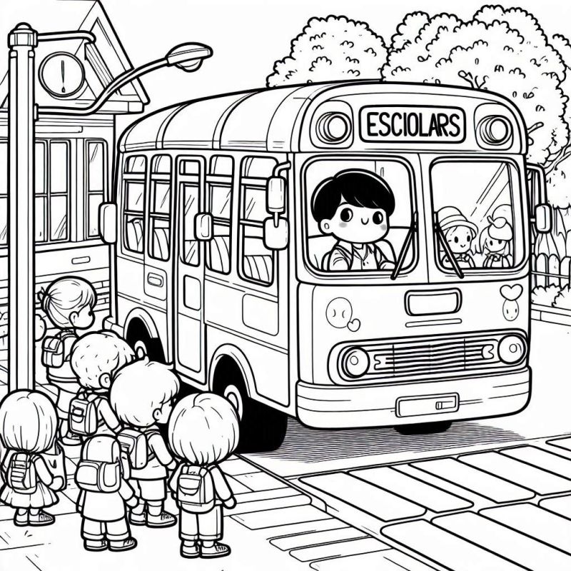 Desenho de crianças no ponto de ônibus escolar para colorir