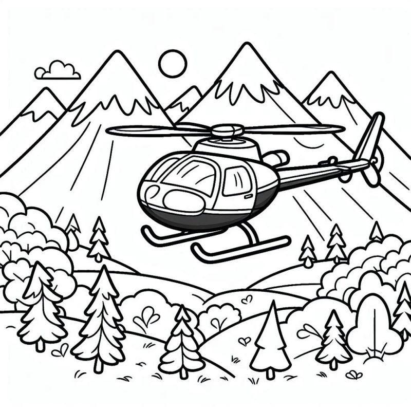 Desenho de Helicóptero Voando em Montanhas para Colorir