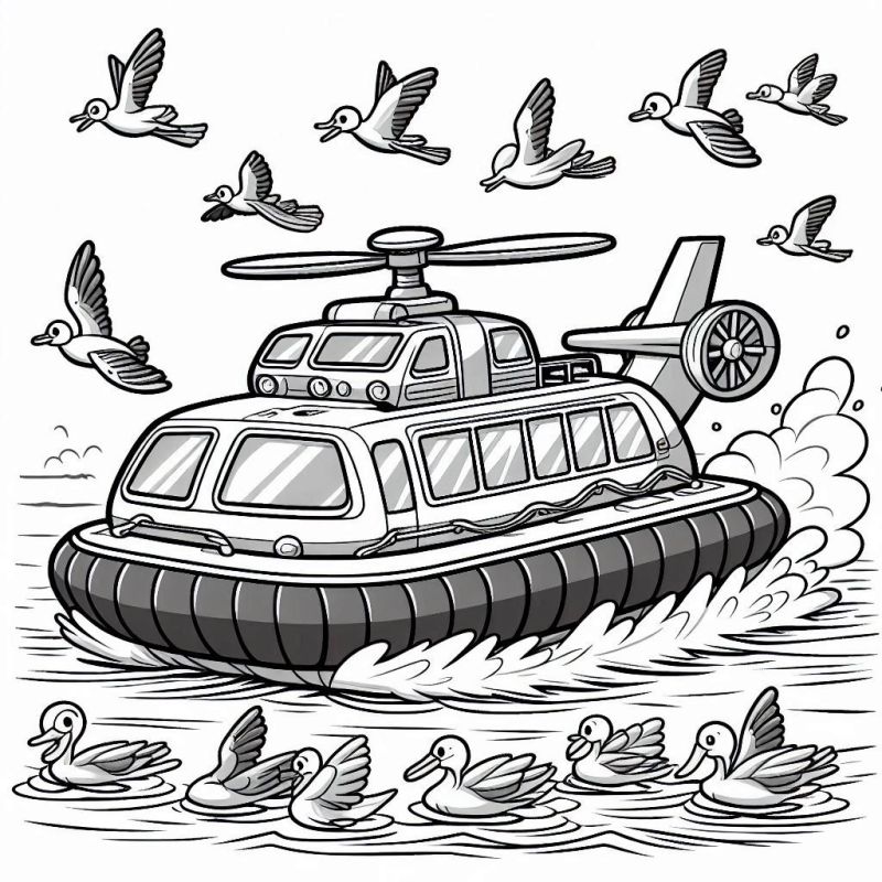 Desenho de Hovercraft com Patos e Pássaros para Colorir