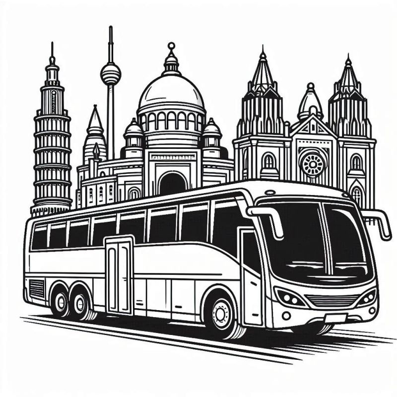 Desenho de um ônibus moderno com estruturas arquitetônicas icônicas no fundo para colorir