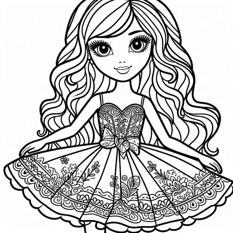 Desenho de Boneca com Vestido Detalhado para Colorir